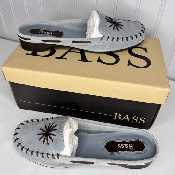 G.H. Bass Mari Sz 7.5M Slip On Loafer Mule Suede Leather Blue Starburst Stitch - Picture 1 of 9
